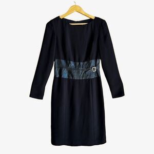 Vintage Shani Black Genuine Leather Buckle Belt Long Sleeve Dress